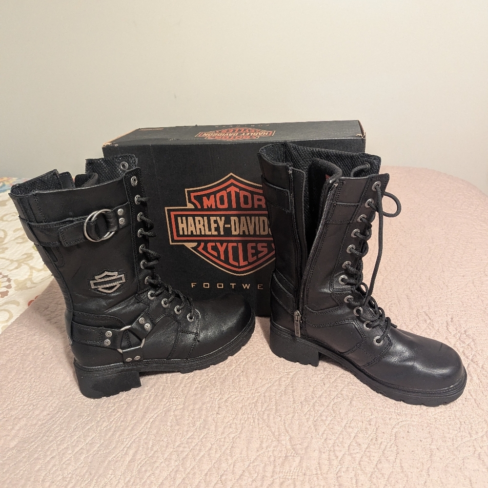 Harley-Davidson Black Lace-Up Leather Boots Ladies Size 7.5